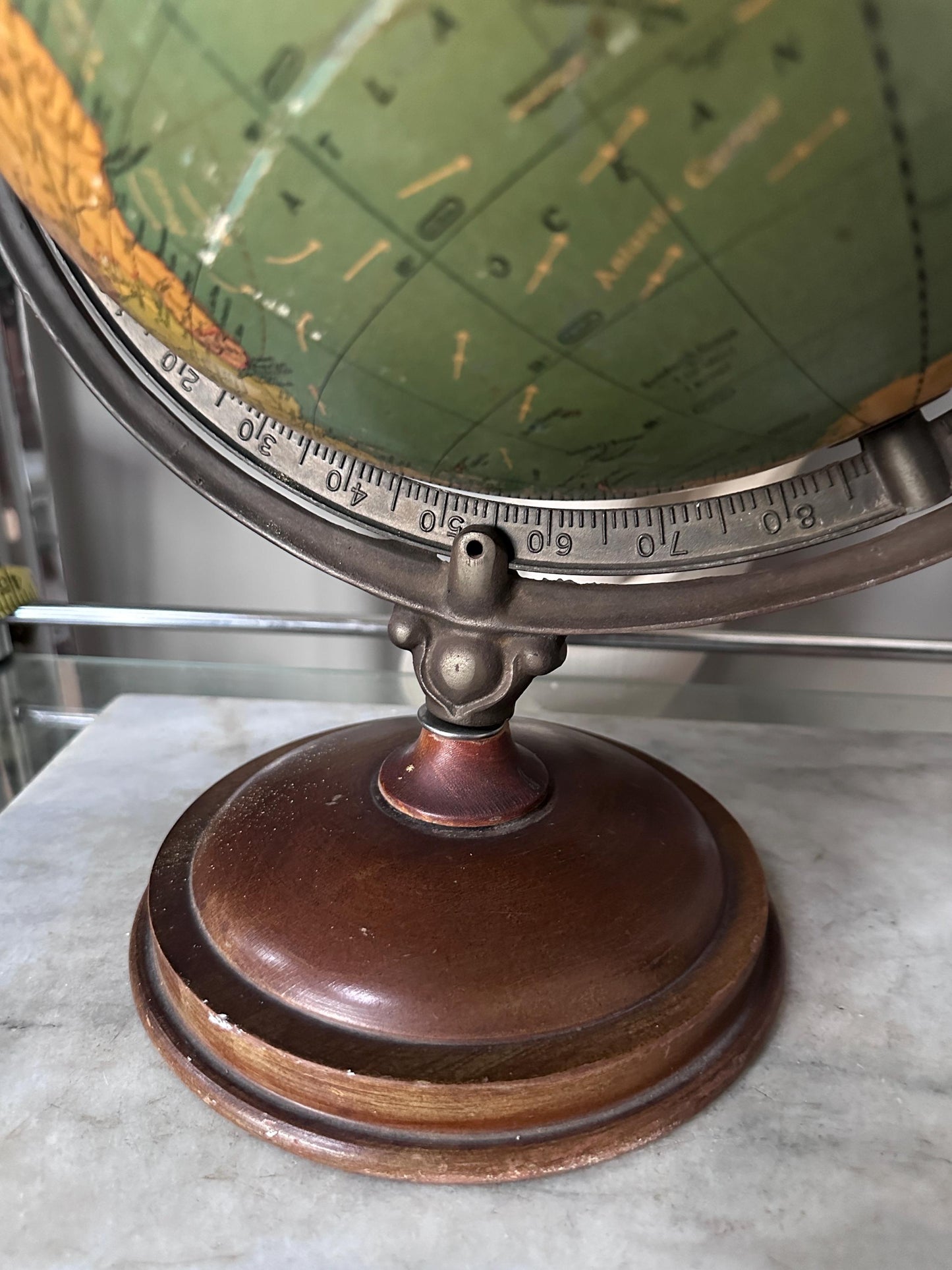 Antique George F. Cram 12-Inch Unrivaled Table Globe | c. 1930s Chicago | Vintage Terrestrial Globe with Wood Base & Cast Iron Frame