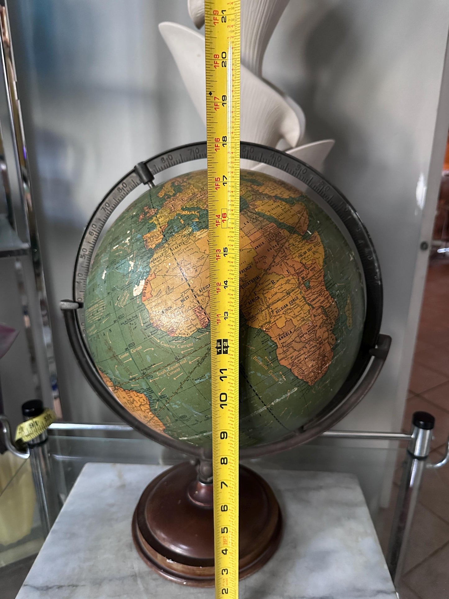 Antique George F. Cram 12-Inch Unrivaled Table Globe | c. 1930s Chicago | Vintage Terrestrial Globe with Wood Base & Cast Iron Frame
