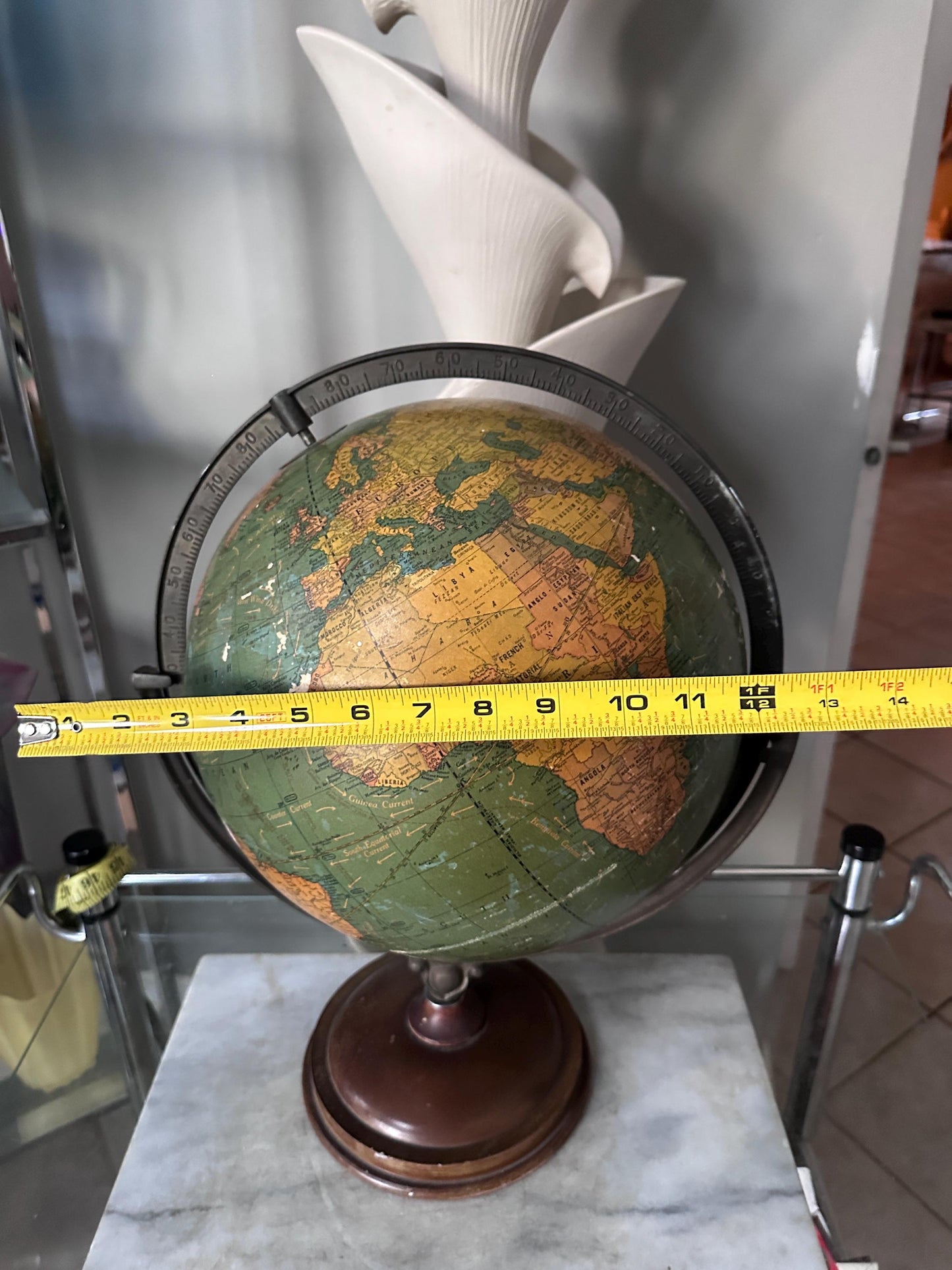 Antique George F. Cram 12-Inch Unrivaled Table Globe | c. 1930s Chicago | Vintage Terrestrial Globe with Wood Base & Cast Iron Frame