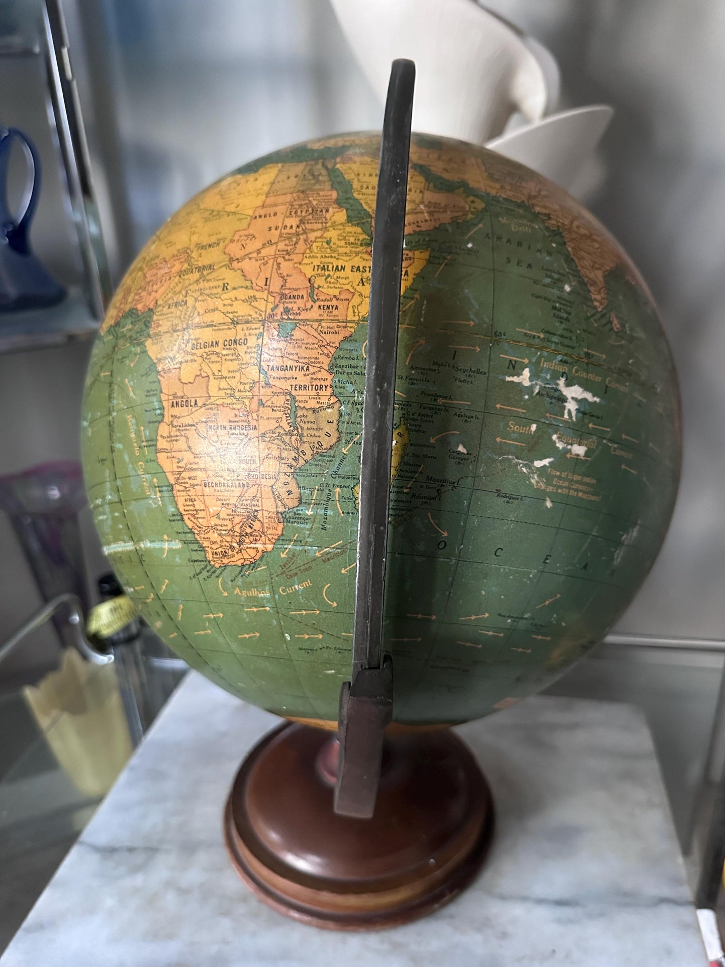 Antique George F. Cram 12-Inch Unrivaled Table Globe | c. 1930s Chicago | Vintage Terrestrial Globe with Wood Base & Cast Iron Frame