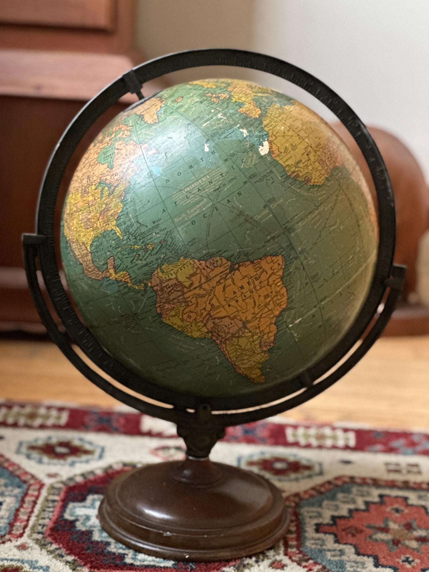 Antique George F. Cram 12-Inch Unrivaled Table Globe | c. 1930s Chicago | Vintage Terrestrial Globe with Wood Base & Cast Iron Frame
