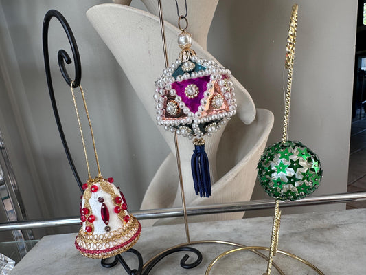 Vintage 1980s Handmade Christmas Ornaments Set of 3 | Hand Crafted Sequin Beaded Velvet Ornaments | Retro Christmas Decor