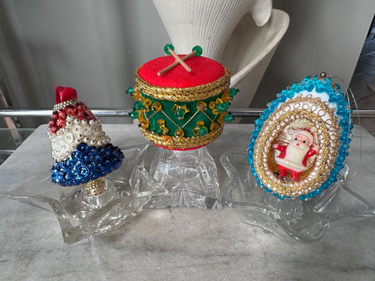 Vintage 1980s Handmade Christmas Ornaments Set of 3 | Hand Crafted Sequin Beaded Velvet Ornaments | Retro Christmas Decor, Bell, Santa, Drum