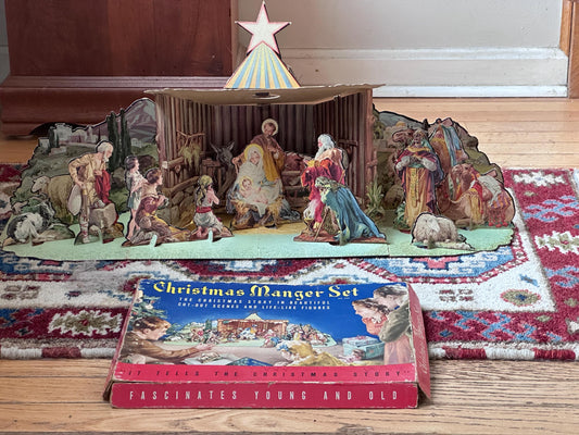 Vintage 1950s Concordia Christmas Nativity Set – Cardboard Manger & Figures, 1950s Christmas Ehemra, Vintage Creche, Mid Century Nativity