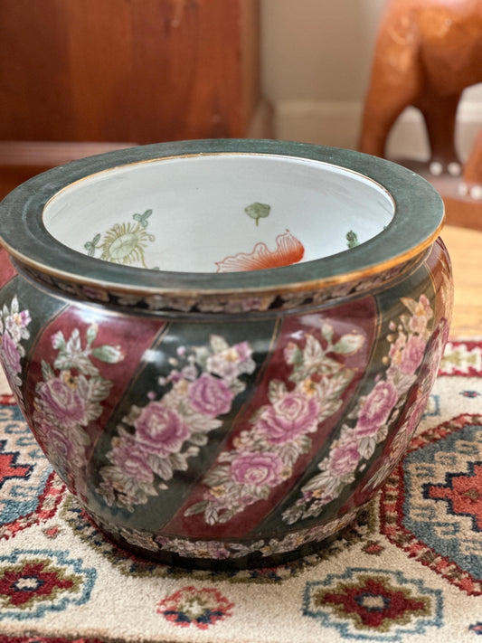 Large Vintage Porcelain Koi Fish Bowl Planter, Hand-Painted Floral Jardiniere (No Drainage)
