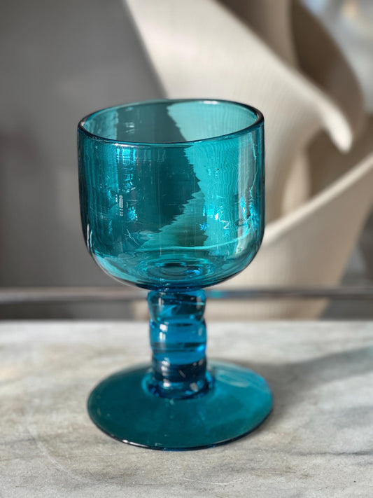 Hand Blown Turquoise Art Glass Goblet Vase, MCM Bubble Glass, 8" Tall