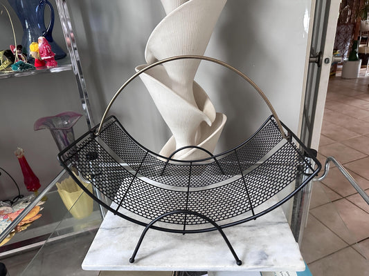 Mid-Century Modern Magazine Rack: Perforated Metal, Atomic Hoop Handle (17"x14"x12")
