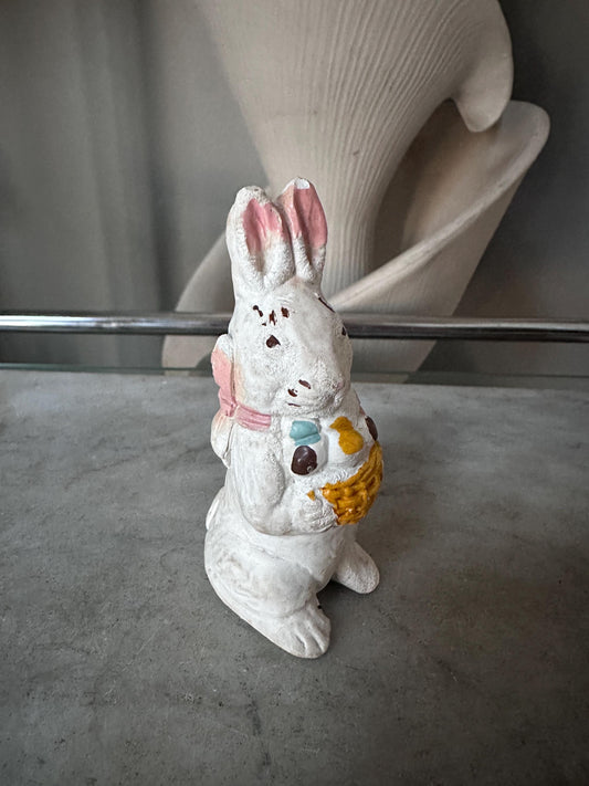 1940s Chalkware Easter Bunny Figurine | Hand-Painted Egg Basket, Vintage Spring Decor