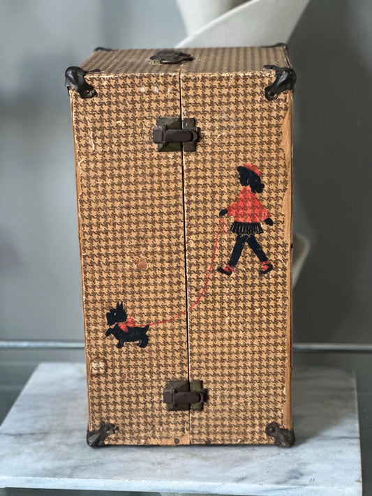 1950s Houndstooth Doll Trunk | Girl & Scotty Dog Toy Storage (Vintage Cardboard)