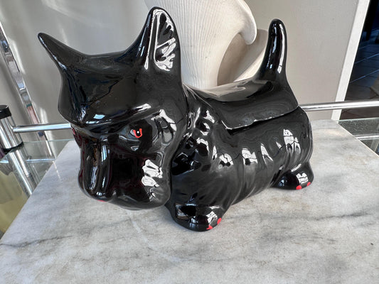 Original 1980s Vintage Black Scottie Dog Cookie Jar | Scottish Terrier Ceramic Dog Treat Jar | Glossy Black with Red Accents | Retro Kitchen