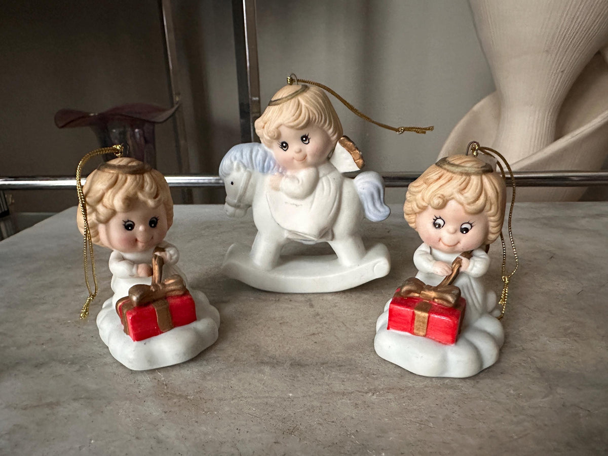Vintage Russ Berrie Angel Ornaments Set, Christmas Angels, Rocking Horse, Gifts (1980s)