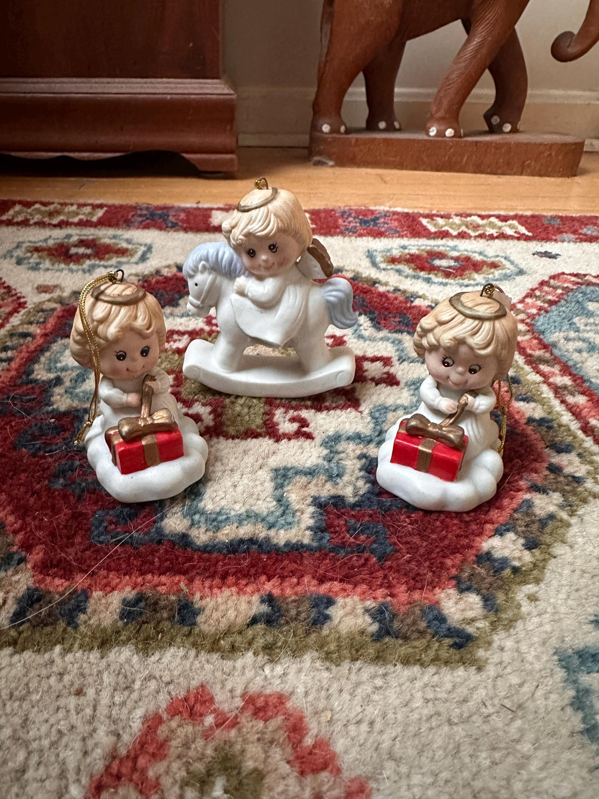 Vintage Russ Berrie Angel Ornaments Set, Christmas Angels, Rocking Horse, Gifts (1980s)