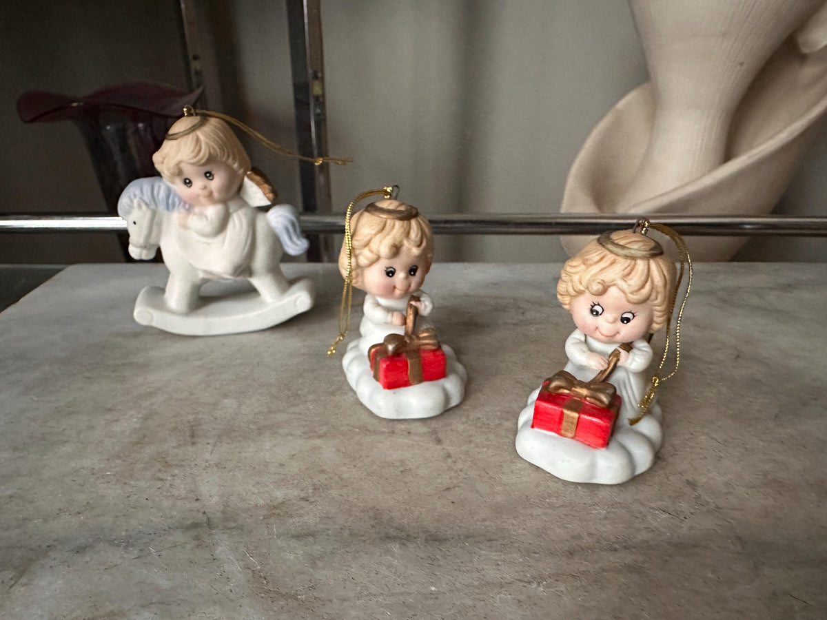 Vintage Russ Berrie Angel Ornaments Set, Christmas Angels, Rocking Horse, Gifts (1980s)
