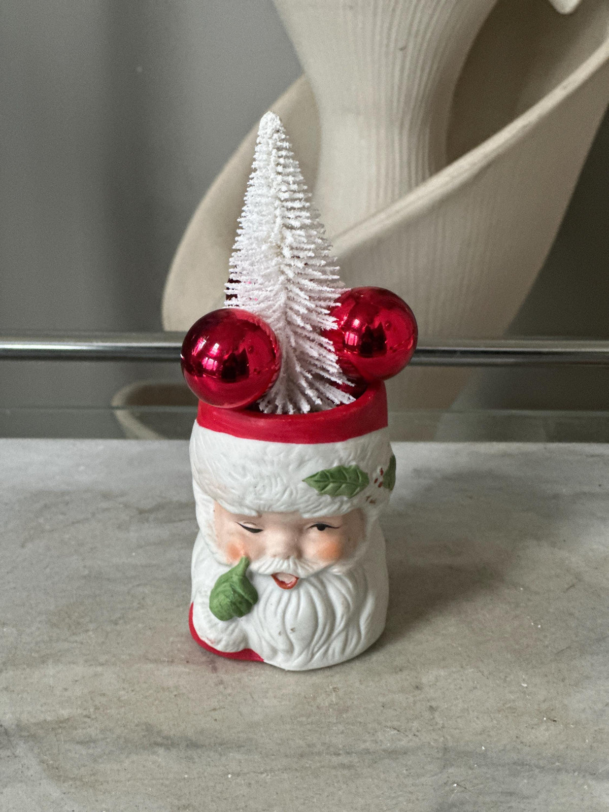 1980 JASCO Taiwan Santa Jar, Bisque Porcelain, Bottle Brush Tree (Vintage Christmas)