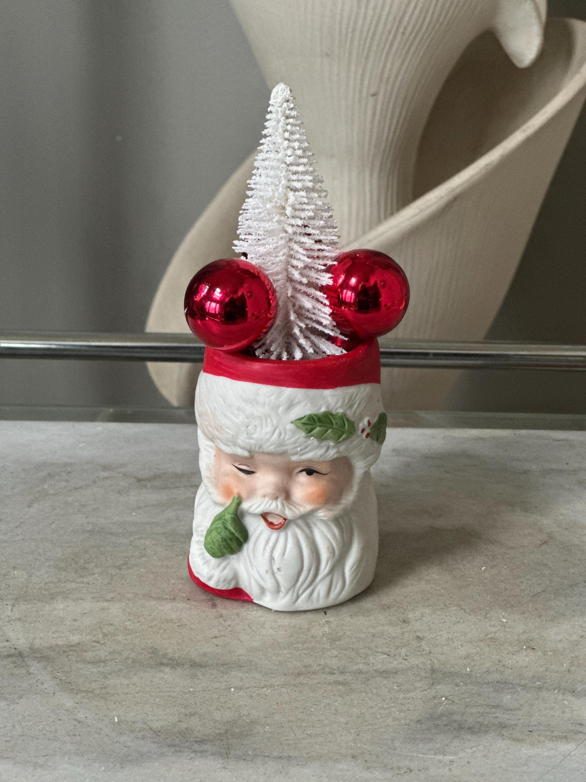1980 JASCO Taiwan Santa Jar, Bisque Porcelain, Bottle Brush Tree (Vintage Christmas)