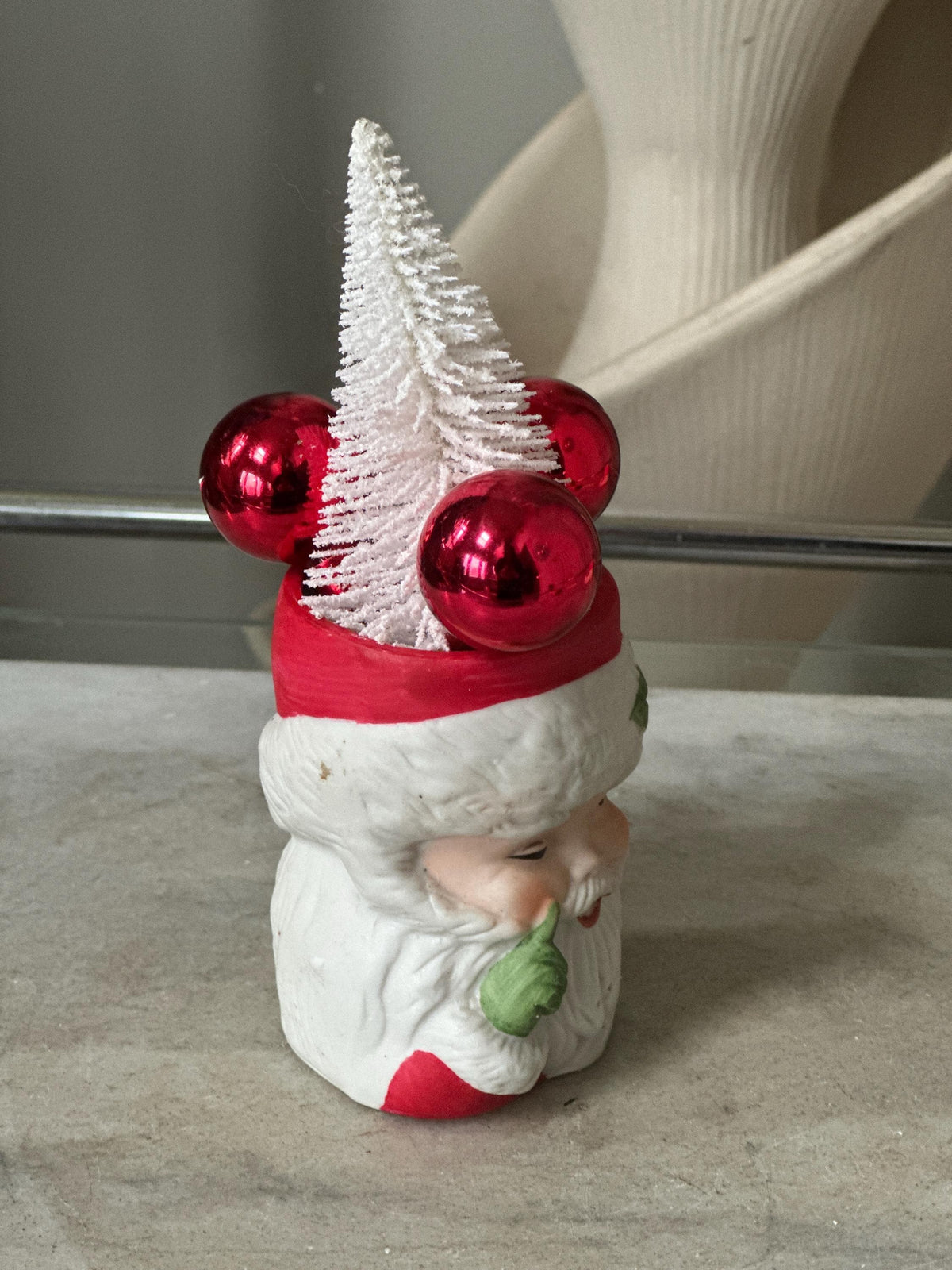 1980 JASCO Taiwan Santa Jar, Bisque Porcelain, Bottle Brush Tree (Vintage Christmas)