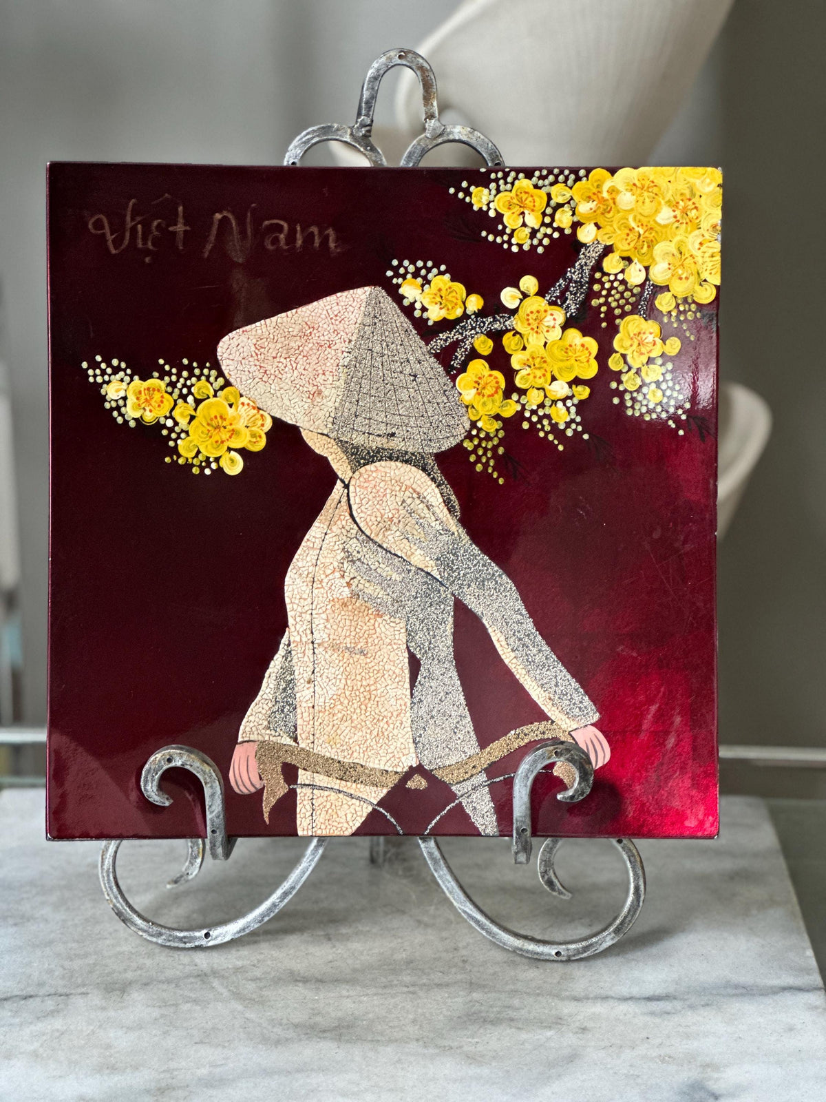 Vintage Vietnamese Lacquer Art Painting 12x12 – Traditional Son Mai Wood Panel Wall Art, Woman in Ao Dai with Nón Lá Conical Hat and Yellow