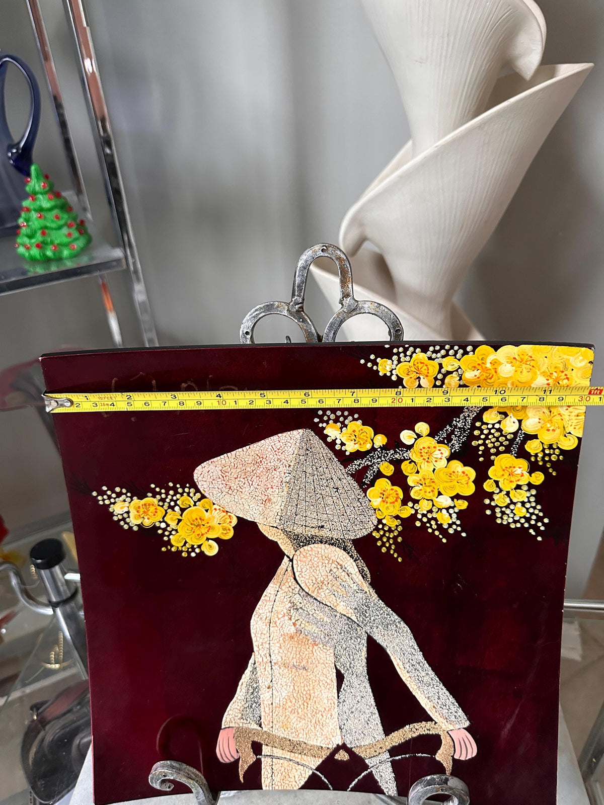 Vintage Vietnamese Lacquer Art Painting 12x12 – Traditional Son Mai Wood Panel Wall Art, Woman in Ao Dai with Nón Lá Conical Hat and Yellow