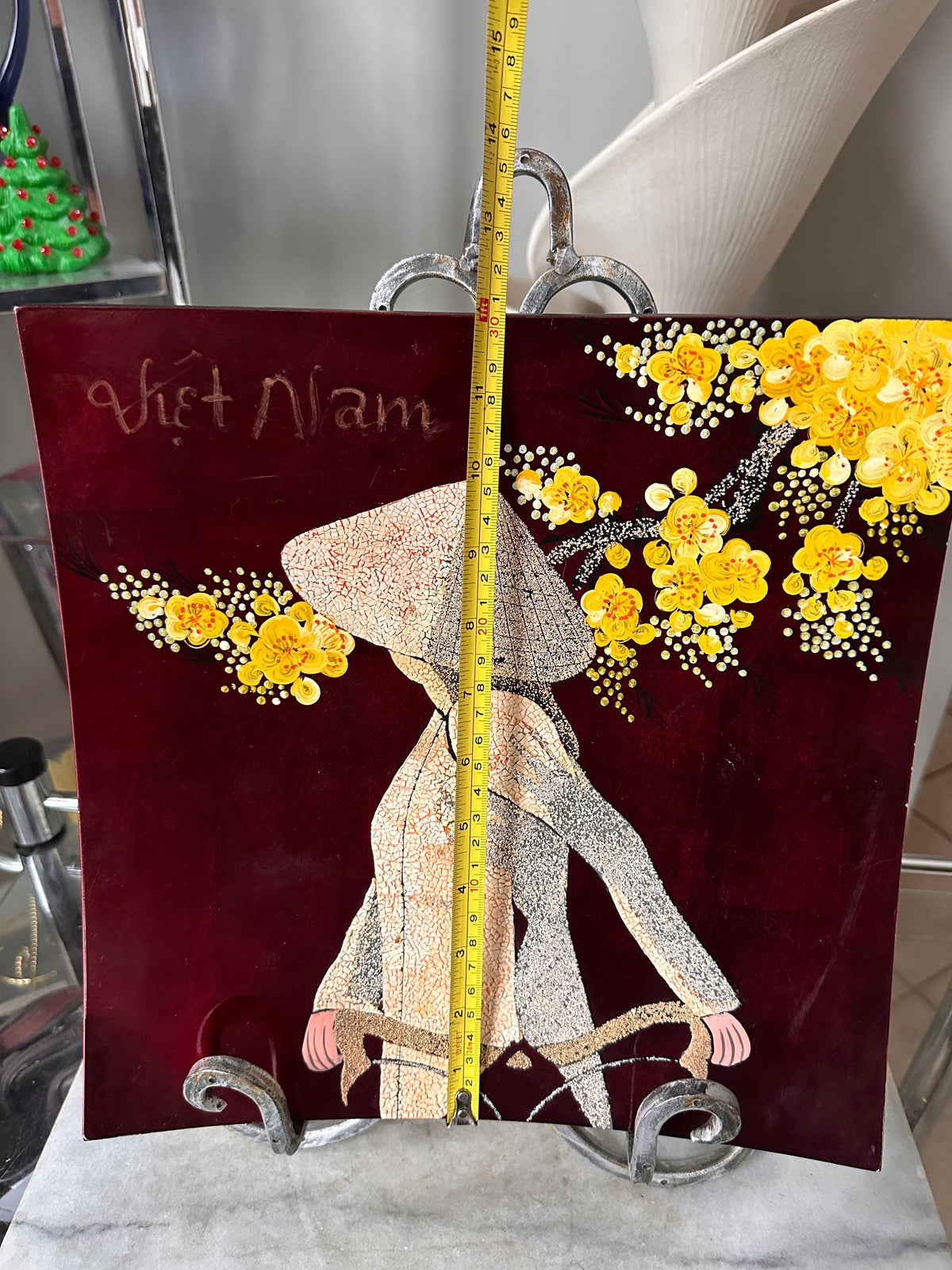 Vintage Vietnamese Lacquer Art Painting 12x12 – Traditional Son Mai Wood Panel Wall Art, Woman in Ao Dai with Nón Lá Conical Hat and Yellow