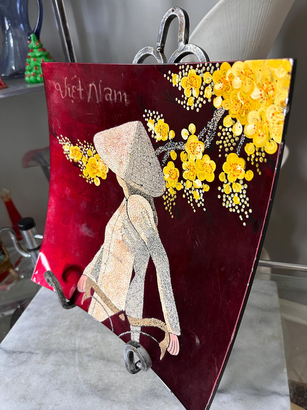 Vintage Vietnamese Lacquer Art Painting 12x12 – Traditional Son Mai Wood Panel Wall Art, Woman in Ao Dai with Nón Lá Conical Hat and Yellow
