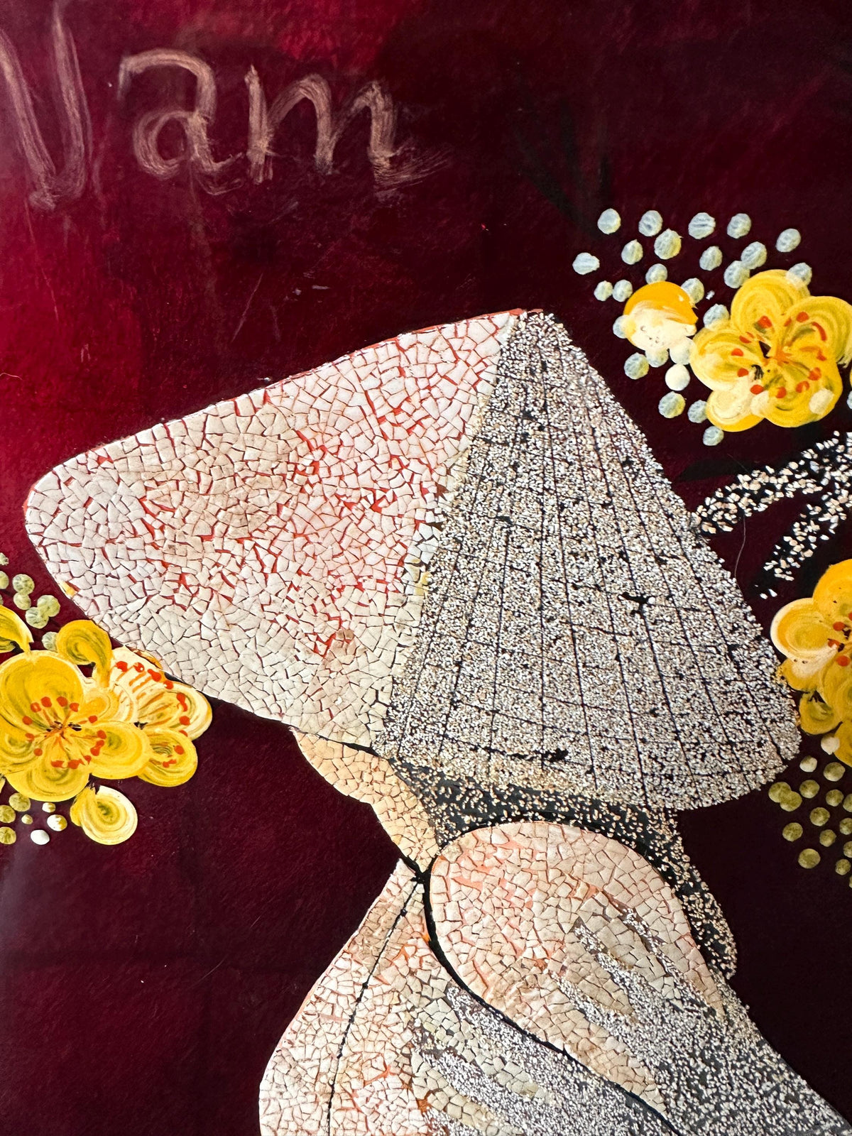 Vintage Vietnamese Lacquer Art Painting 12x12 – Traditional Son Mai Wood Panel Wall Art, Woman in Ao Dai with Nón Lá Conical Hat and Yellow