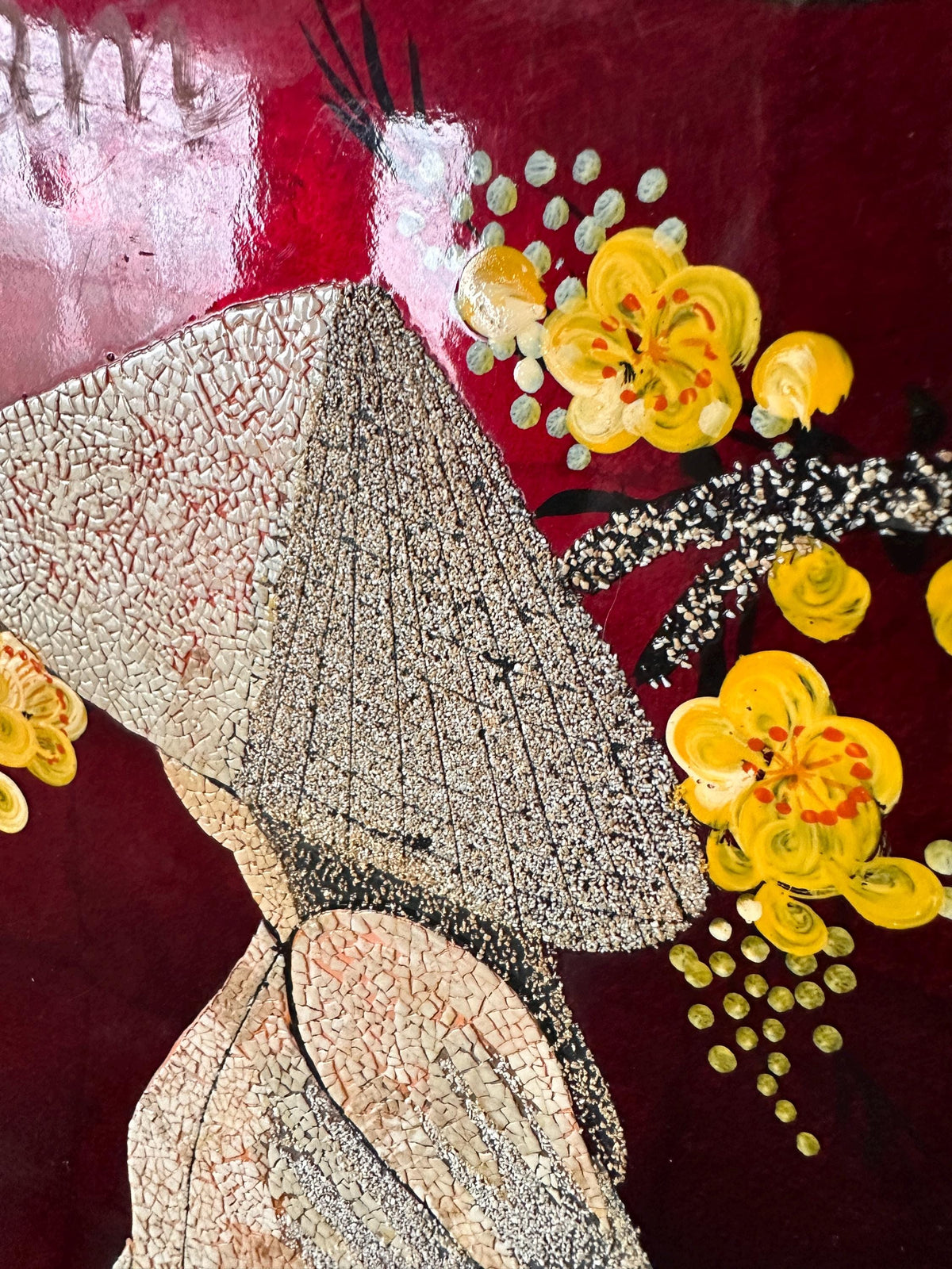 Vintage Vietnamese Lacquer Art Painting 12x12 – Traditional Son Mai Wood Panel Wall Art, Woman in Ao Dai with Nón Lá Conical Hat and Yellow