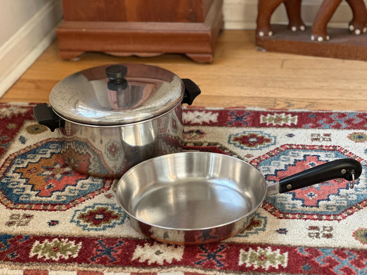 Vintage Revere Ware 6 Quart Pot & 10 Inch Pan Set, Copper Bottom Stainless Steel Cookware, Mid Century Kitchen, Made in USA
