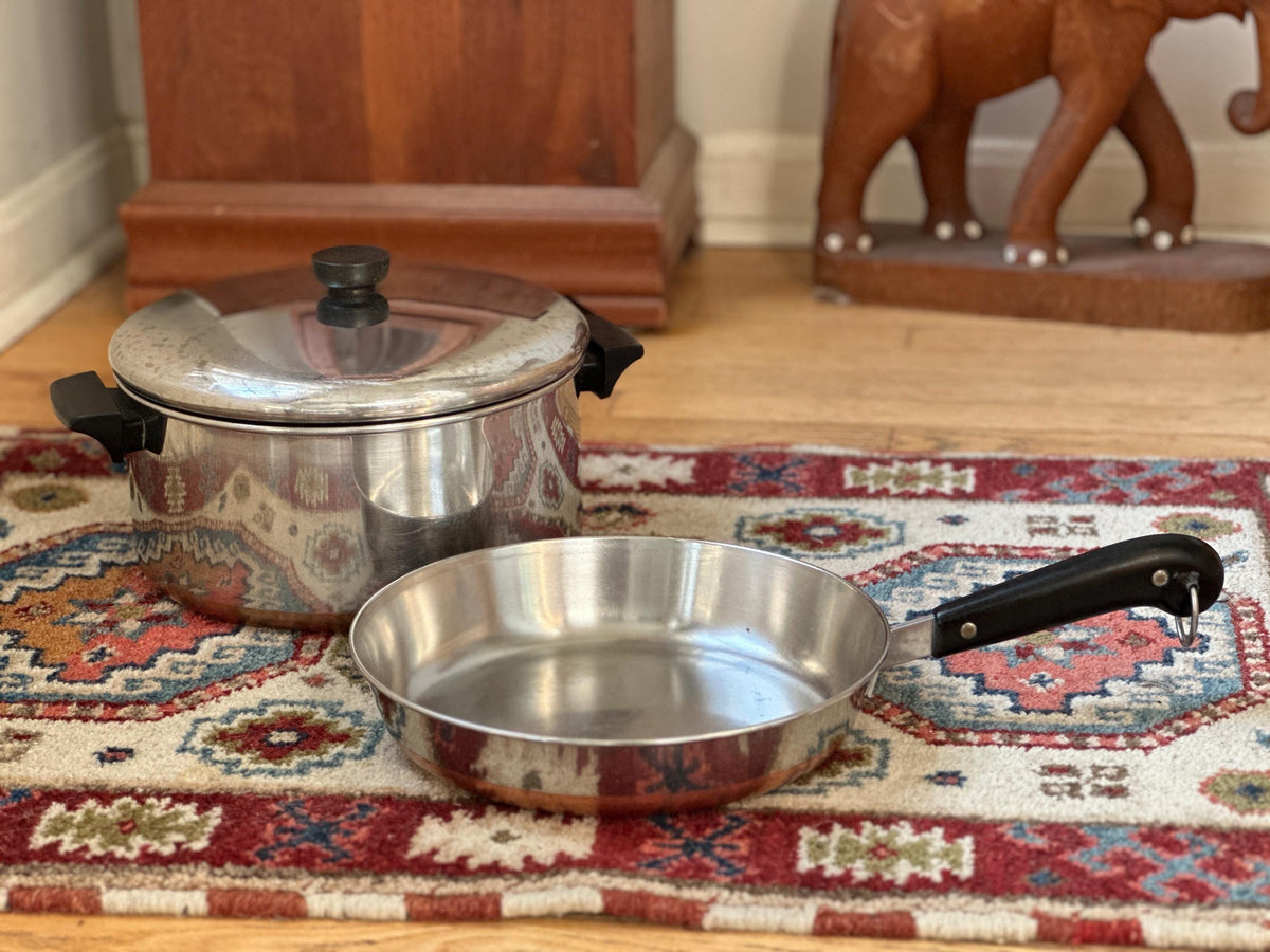 Vintage Revere Ware 6 Quart Pot & 10 Inch Pan Set, Copper Bottom Stainless Steel Cookware, Mid Century Kitchen, Made in USA