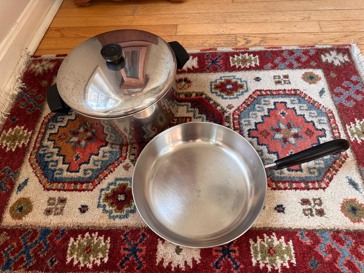 Vintage Revere Ware 6 Quart Pot & 10 Inch Pan Set, Copper Bottom Stainless Steel Cookware, Mid Century Kitchen, Made in USA
