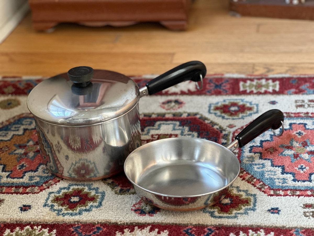 Vintage Revere Ware 3 Quart Pot & 7 Inch Pan Set, Copper Bottom Stainless Steel Cookware, Mid Century Kitchen, Made in USA