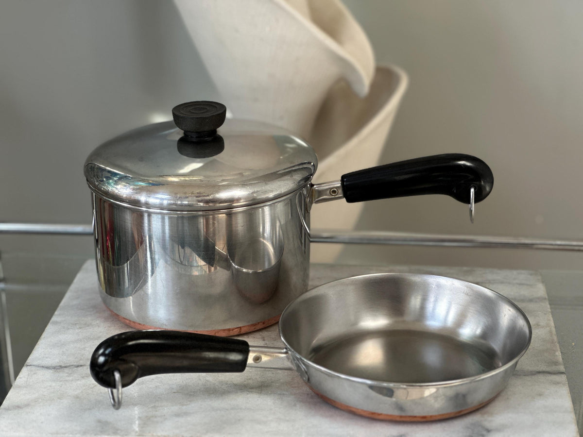 Vintage Revere Ware 3 Quart Pot & 7 Inch Pan Set, Copper Bottom Stainless Steel Cookware, Mid Century Kitchen, Made in USA