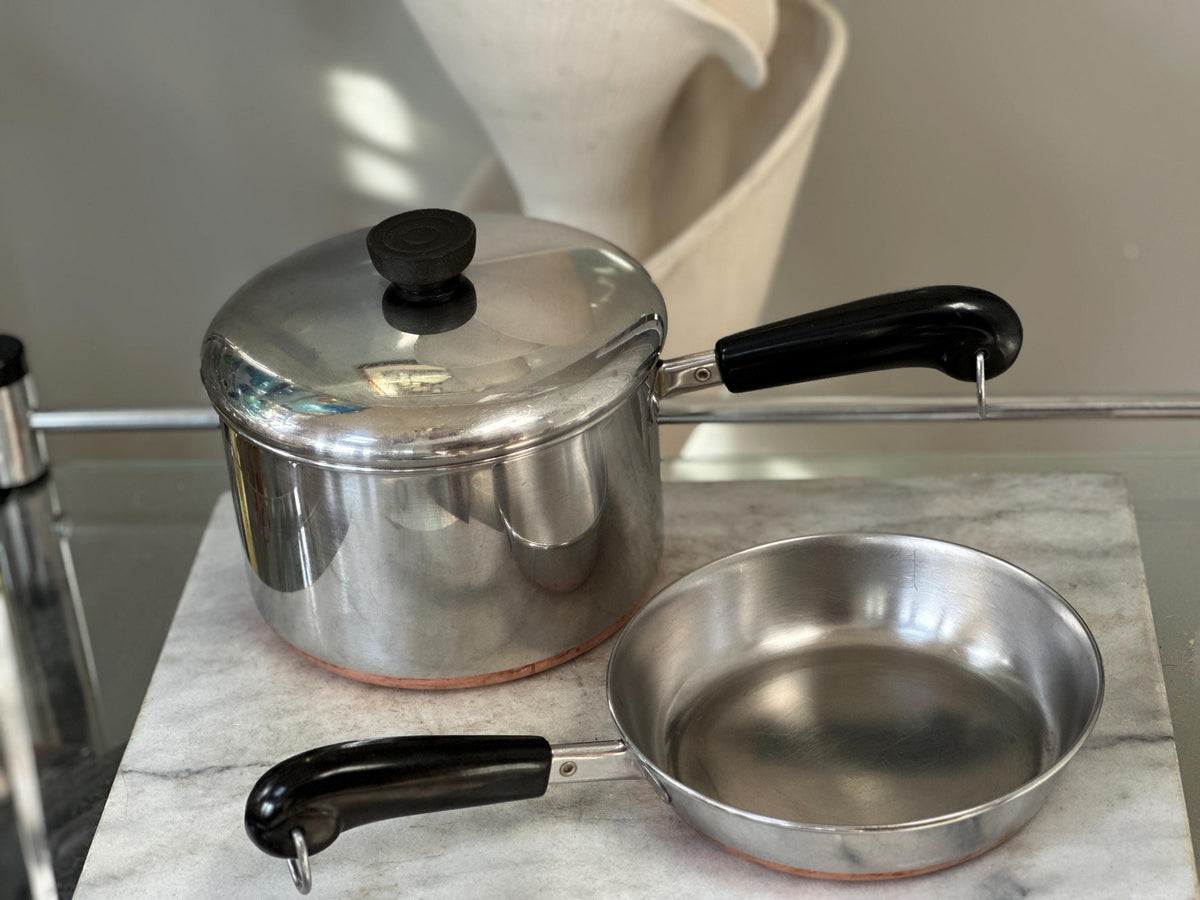 Vintage Revere Ware 3 Quart Pot & 7 Inch Pan Set, Copper Bottom Stainless Steel Cookware, Mid Century Kitchen, Made in USA