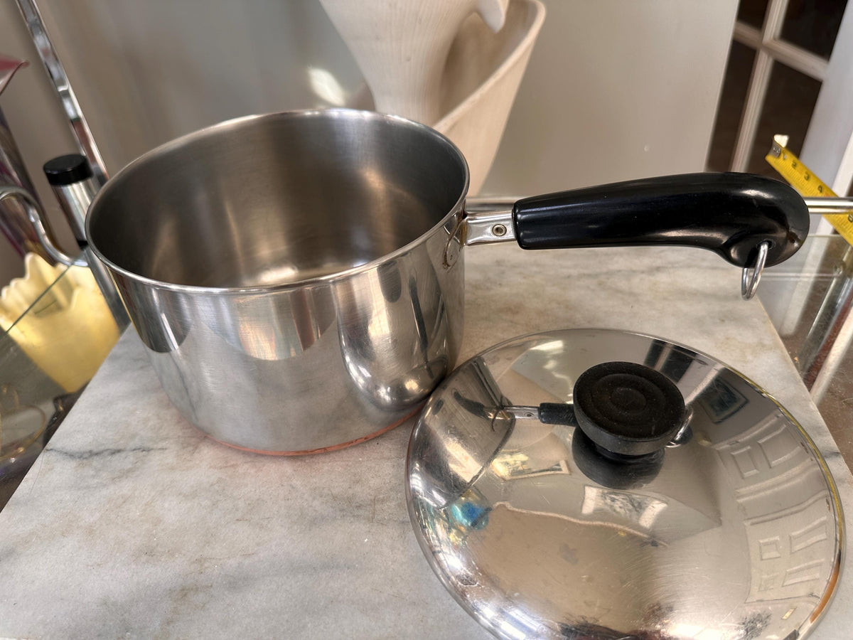 Vintage Revere Ware 3 Quart Pot & 7 Inch Pan Set, Copper Bottom Stainless Steel Cookware, Mid Century Kitchen, Made in USA