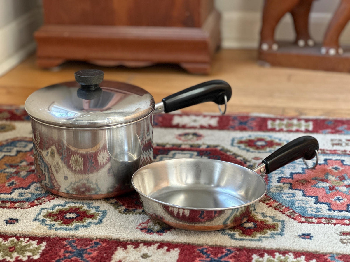 Vintage Revere Ware 3 Quart Pot & 7 Inch Pan Set, Copper Bottom Stainless Steel Cookware, Mid Century Kitchen, Made in USA