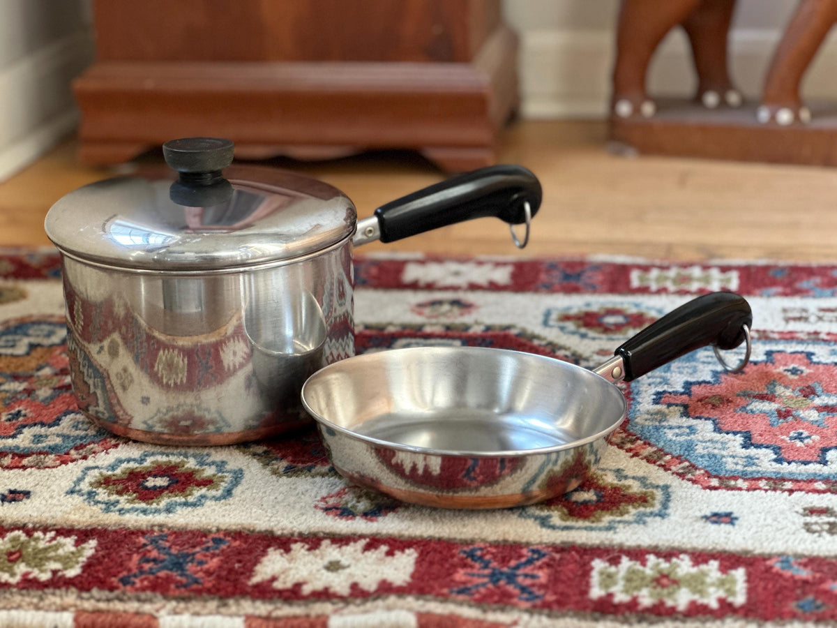 Vintage Revere Ware 3 Quart Pot & 7 Inch Pan Set, Copper Bottom Stainless Steel Cookware, Mid Century Kitchen, Made in USA