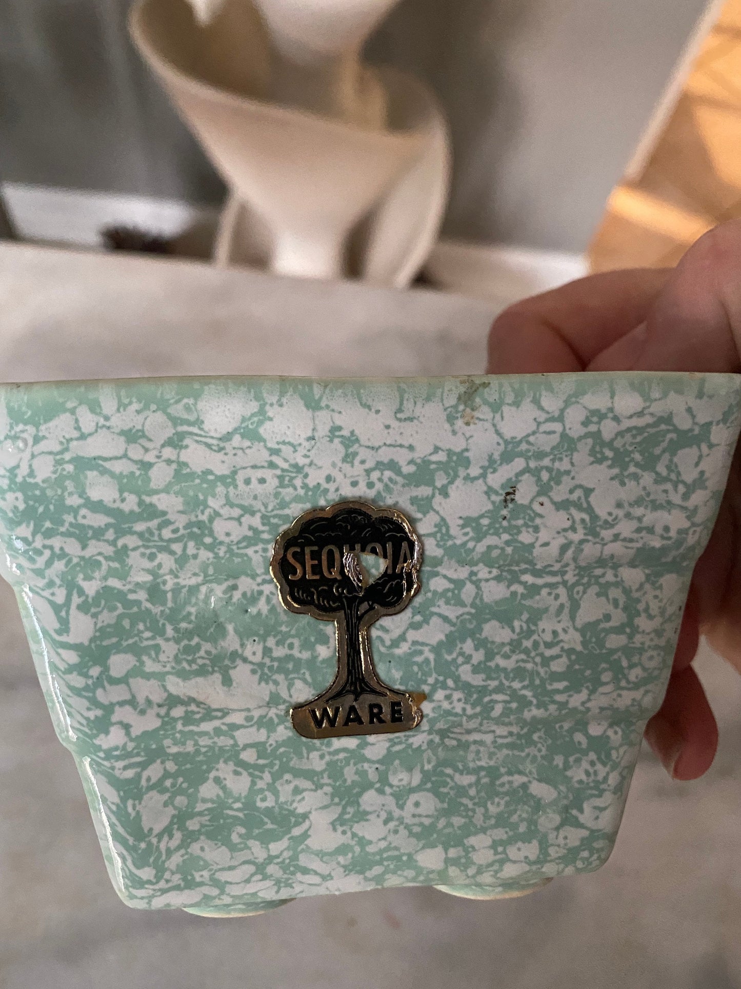 Blue Sequoia Pottery Planter Vintage Flower Pot Retro Mid Century Speckled Confetti Spatterware USA ~ Art Deco Sequoia USA Pottery Planter