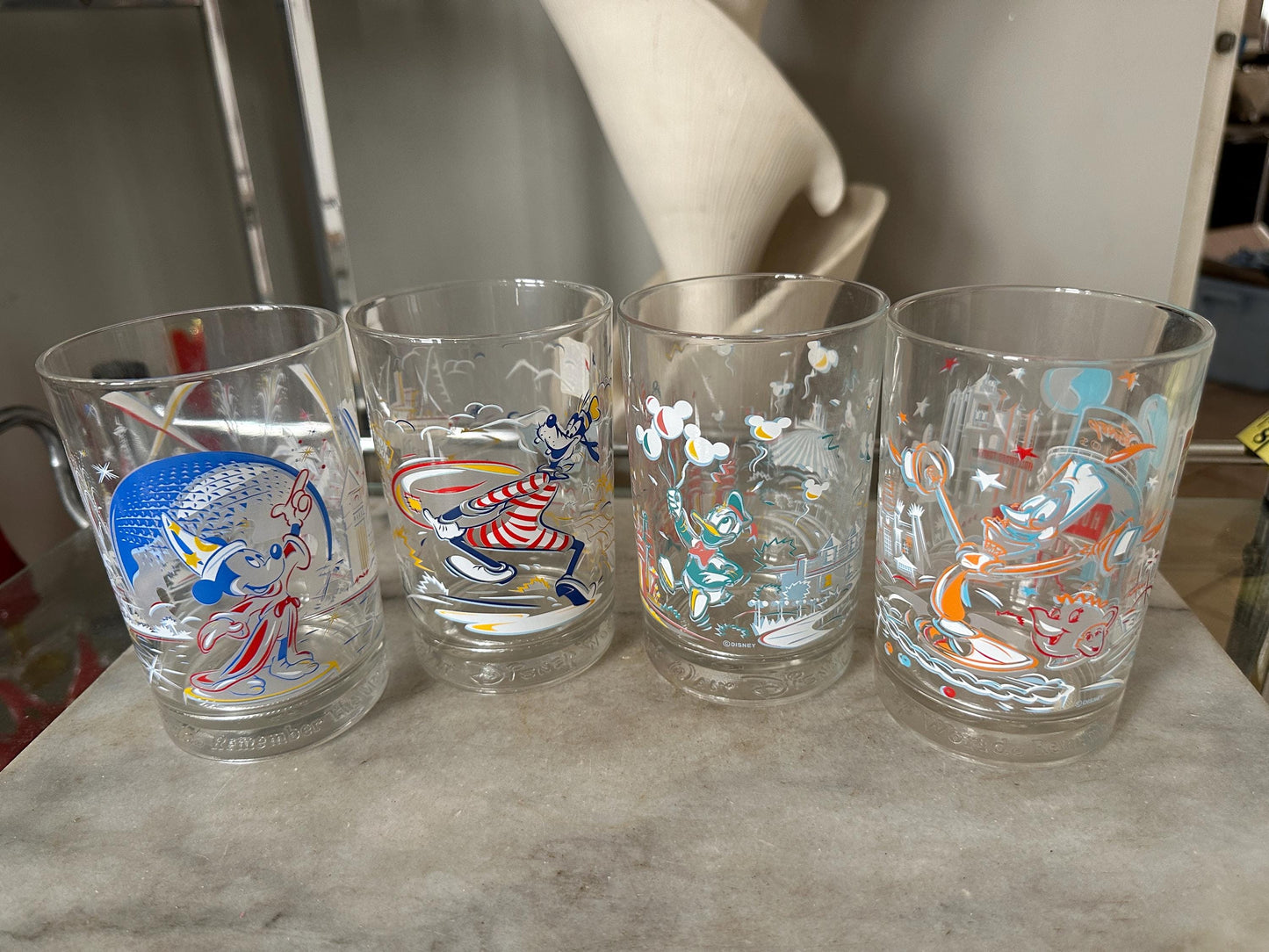 Walt Disney World Remember The Magic 25th Anniversary Glasses | Set of 4 | Mickey Mouse, Donald Duck, Goffy, Lumiere