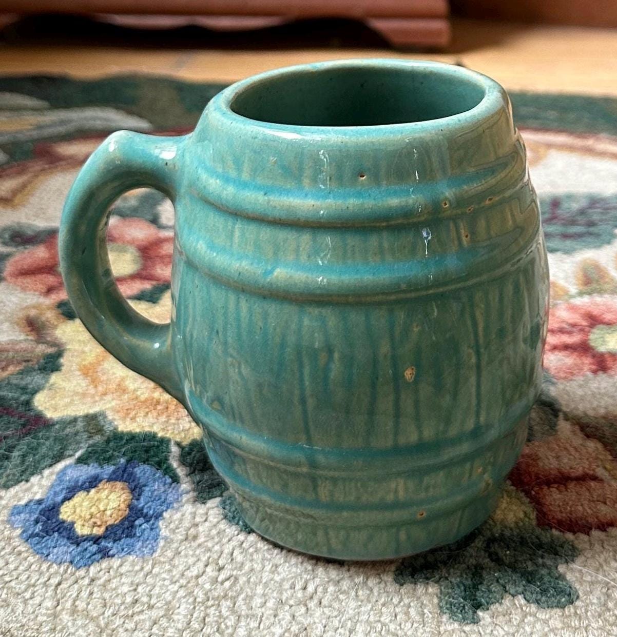 McCoy Pottery Barrel Coffee Mug Green Glaze Marked with a 4 in shield on bottom