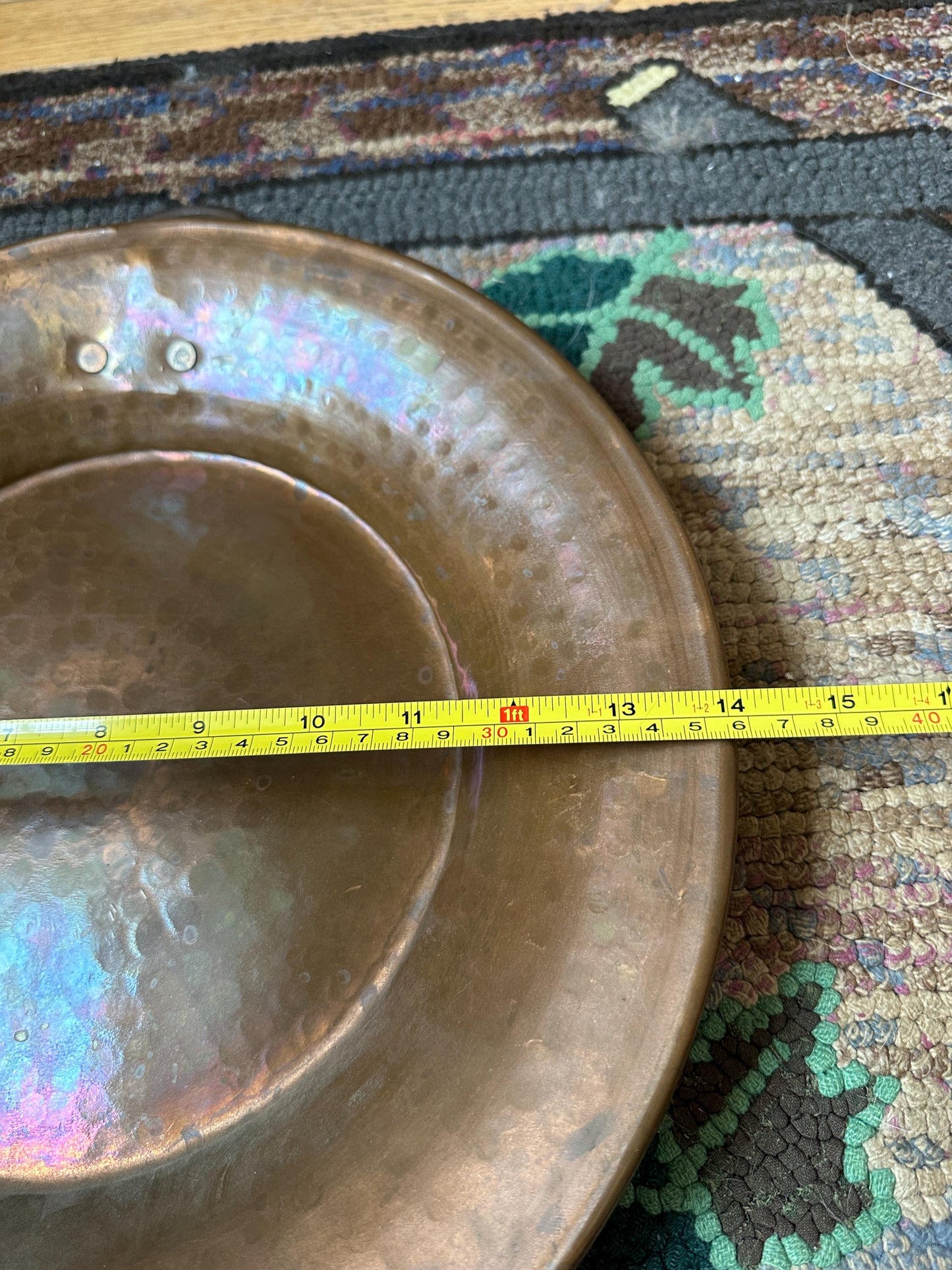 Large hand-hammered vintage Arts and Crafts copper plate tray or charger w Ring for Hanging,  the early 20th century