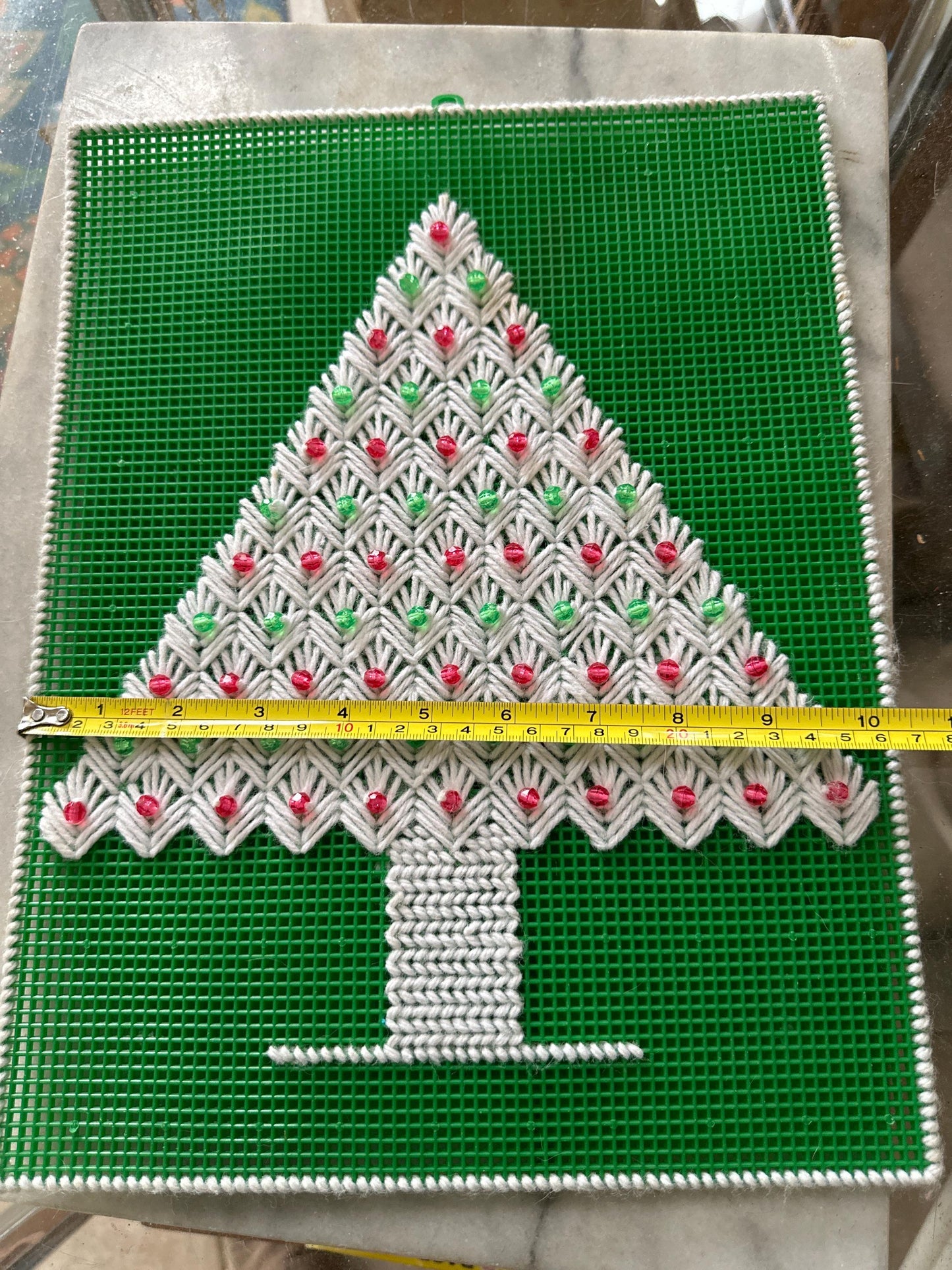 Vintage Christmas Tree Yarn Art Plastic Canvas Kitsch Wall Hanging Decor 14x11