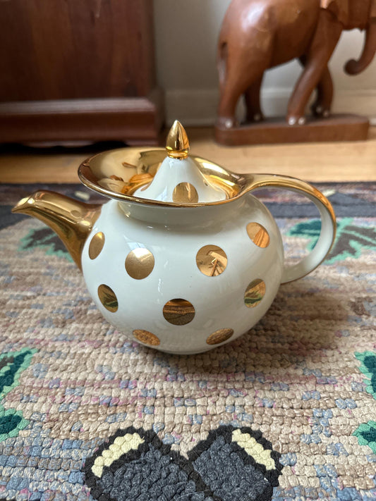 Gold Polka dot teapot with lid by Hall Windshield rim: chic, midcentury vintage design beautiful condition