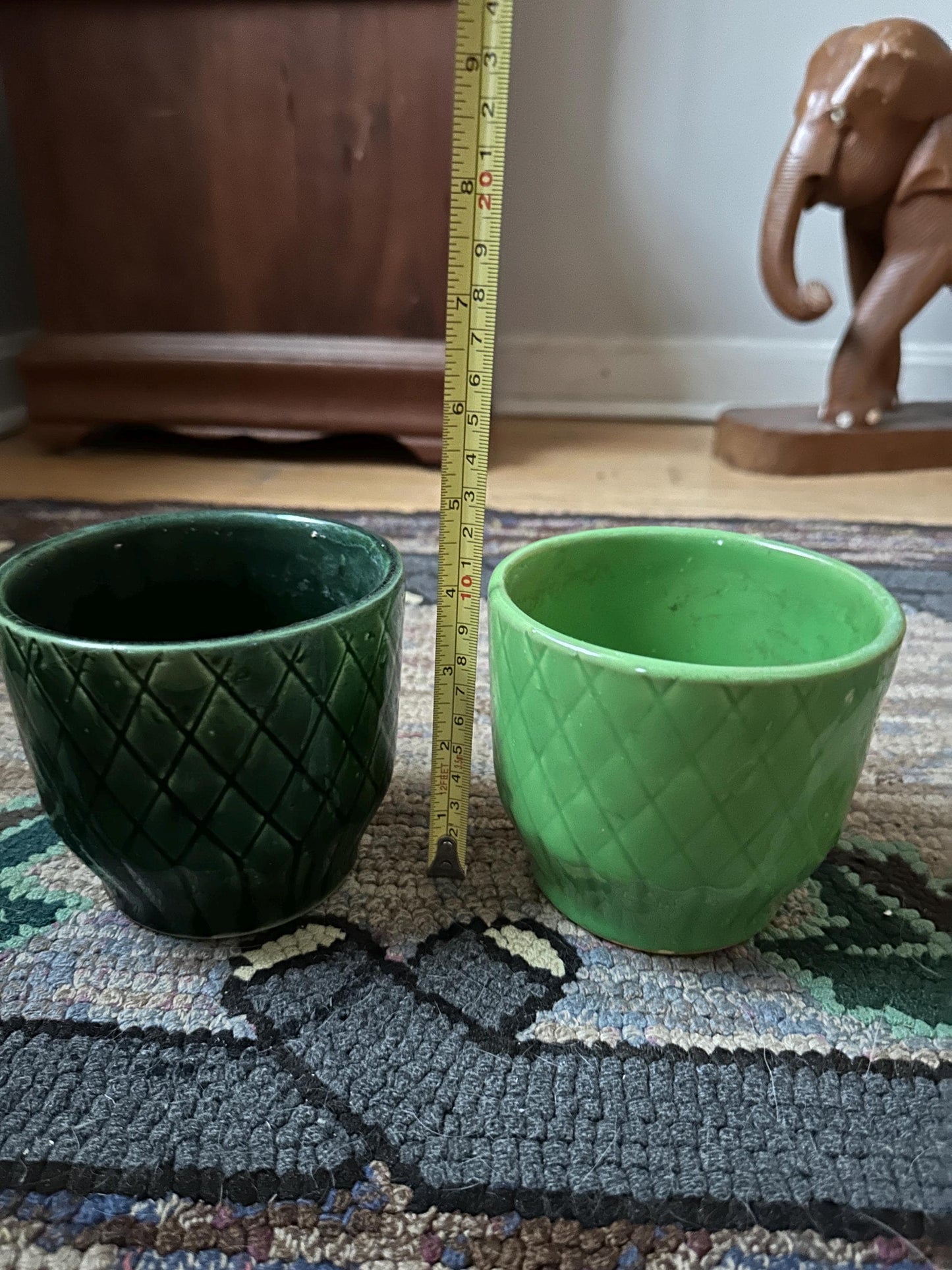 Set of Two Shawnee Pottery USA Planters | Two Shades of Green | Diamknd Pattetn | USA Pottery