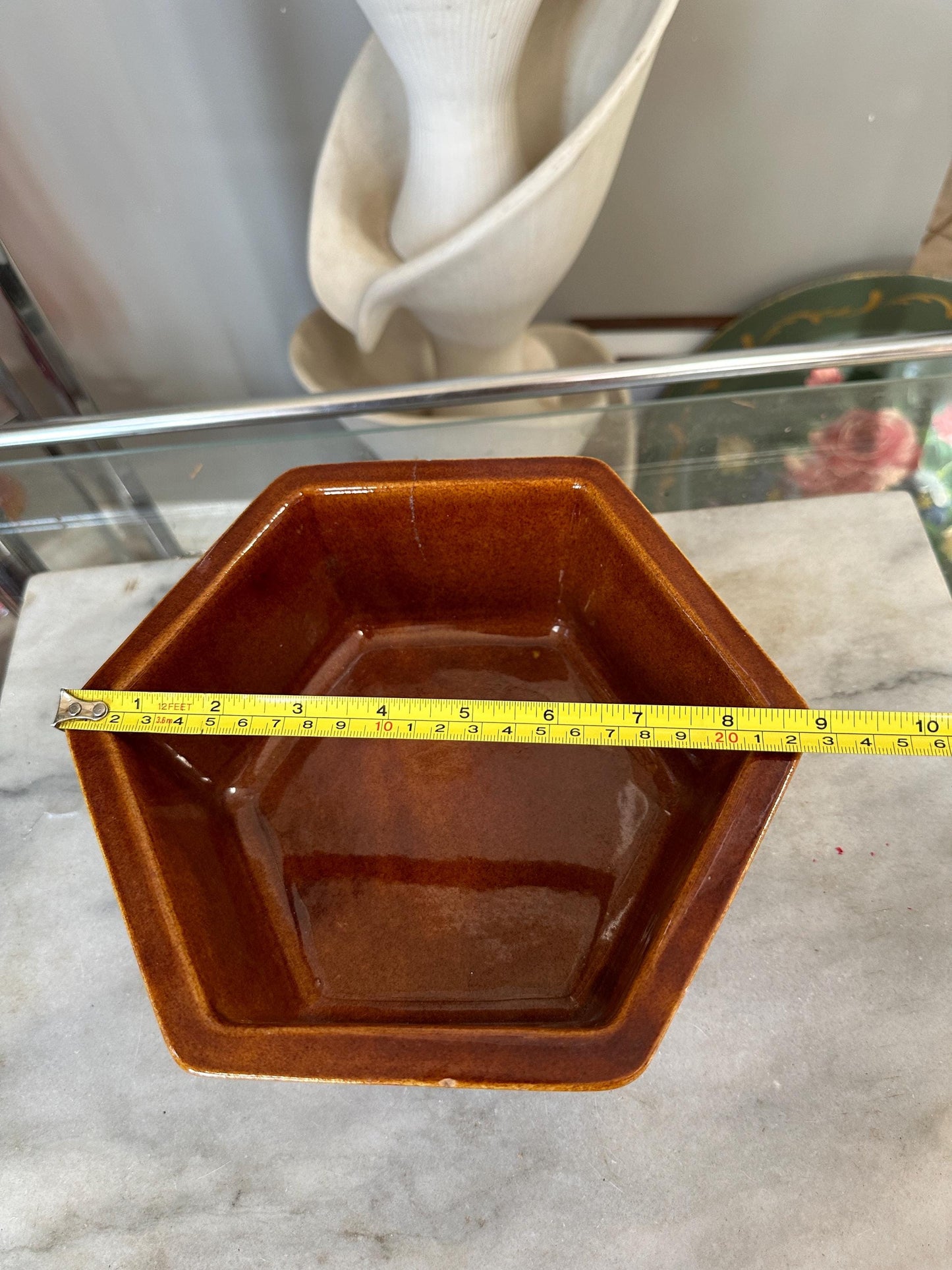Haeger Pottery Planter #4003 USA, Hexagonal Brown Variegated Drip Glaze Pot, 6 Sided Pottery,  3.5” T x 9” W