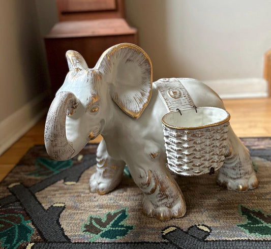 Haeger Elephant Planter | MCM Jumbo Haeger Elephant Planter | White and Gold 18”  | USA Art Pottery