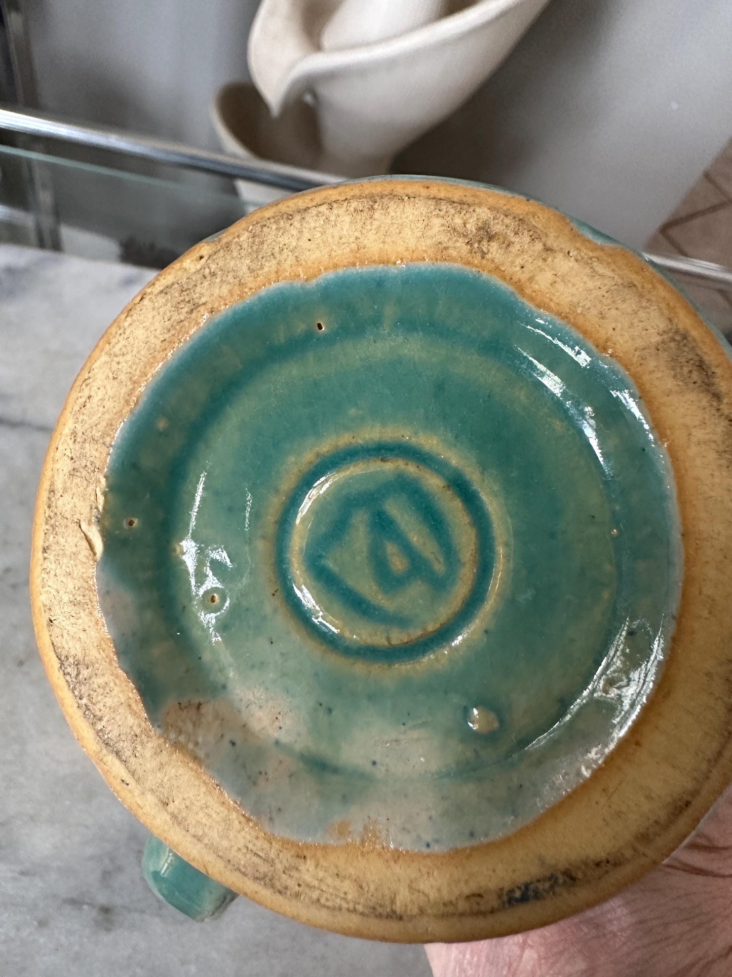 McCoy Pottery Barrel Coffee Mug Green Glaze Marked with a 4 in shield on bottom