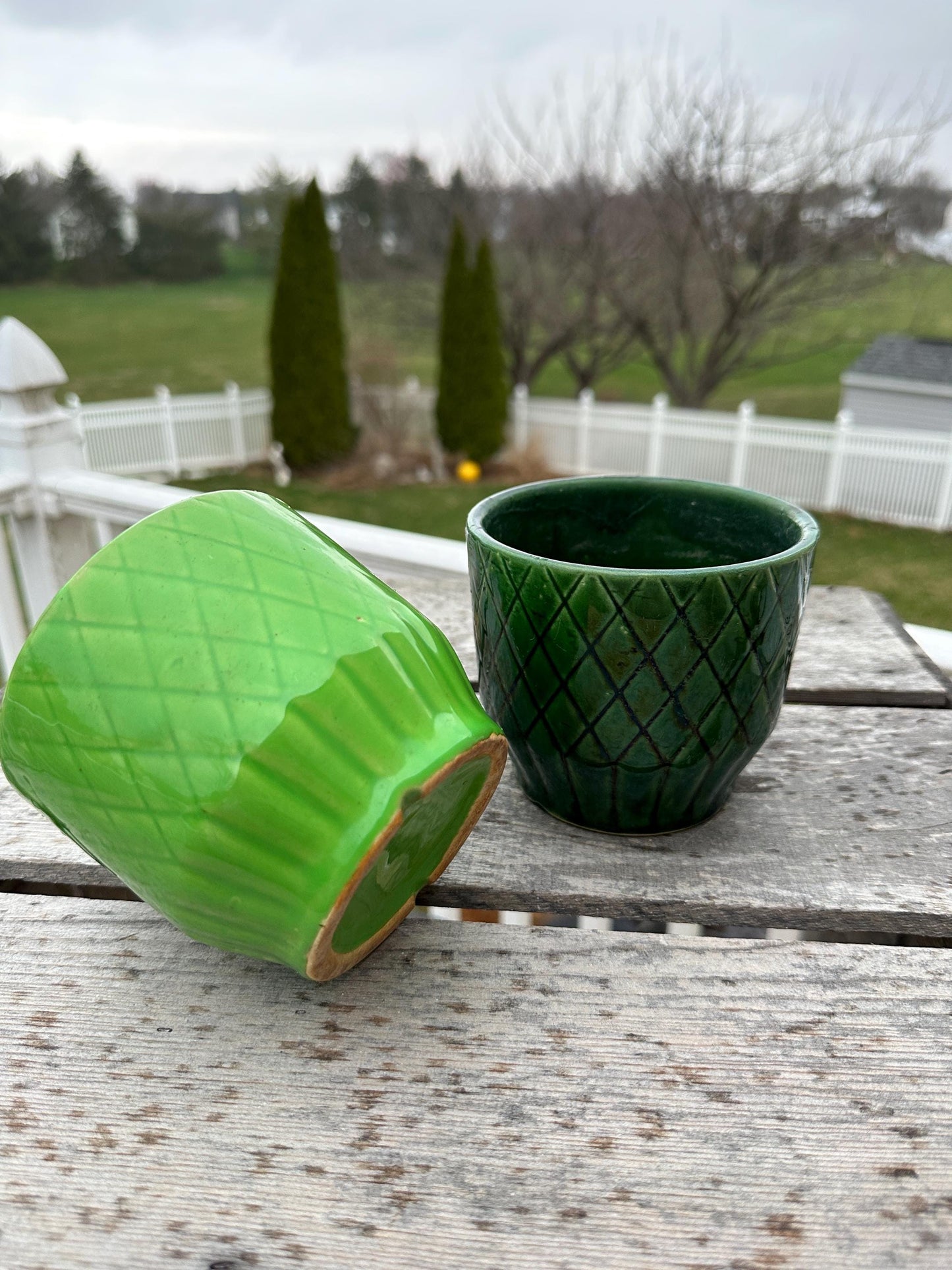 Set of Two Shawnee Pottery USA Planters | Two Shades of Green | Diamknd Pattetn | USA Pottery
