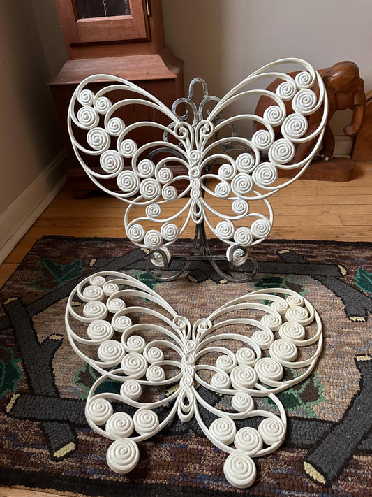 FREE SHIPPING-Vintage 19” Fun *Pair* Burwood Butterfly Wall Decor-Off White Butterflies-Bohemian-Hippie-Nature Decor-Porch Decor-Green Witch