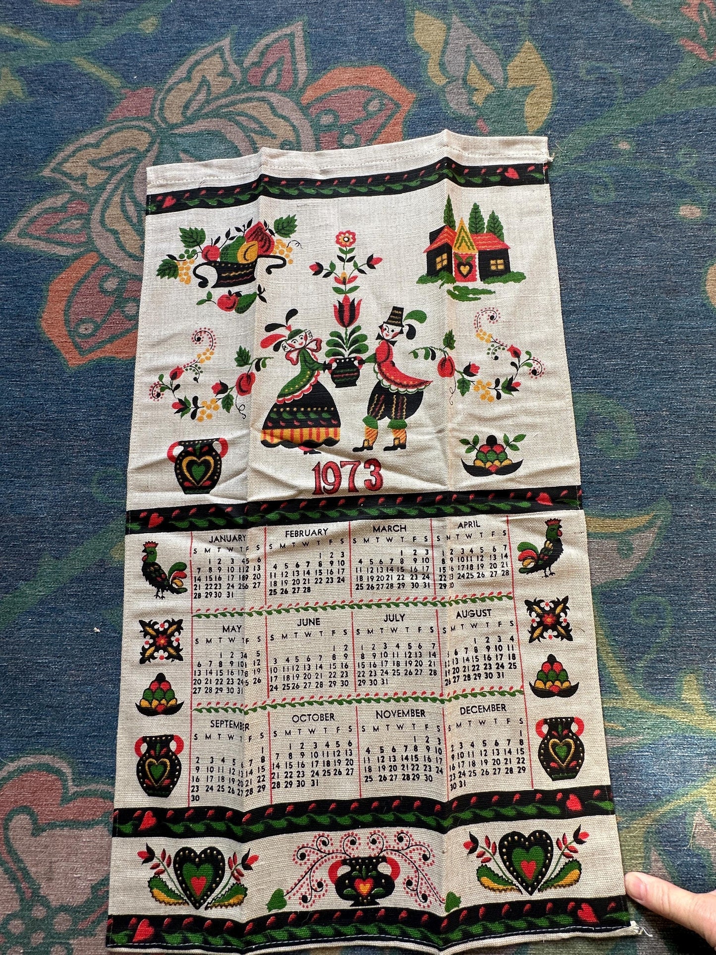 1973 Calendar Parisian Prints Vtg Linen Towel Kitchen Pa Dutch UNUSED 50+ Yrs Old, New Old Stock, Original Package