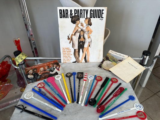 Four Vintage Cocktail Recipe Magazine and   Booklets 1960s and Vintage Retro Lot of 20 Kitschy SWIZZLE STICKS! MCM Mad Men Drink Stirrers