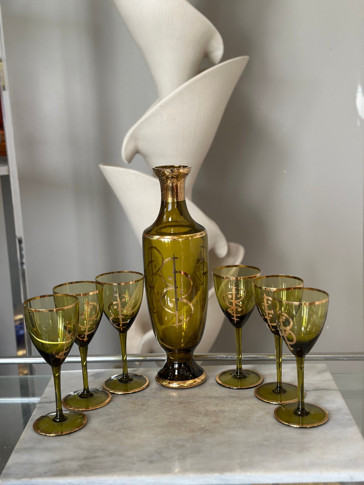 Gilt Amber Glass Vintage Decanter and Glasses Set - Set of 6 - MCM Ambet Gladd Decanter Set